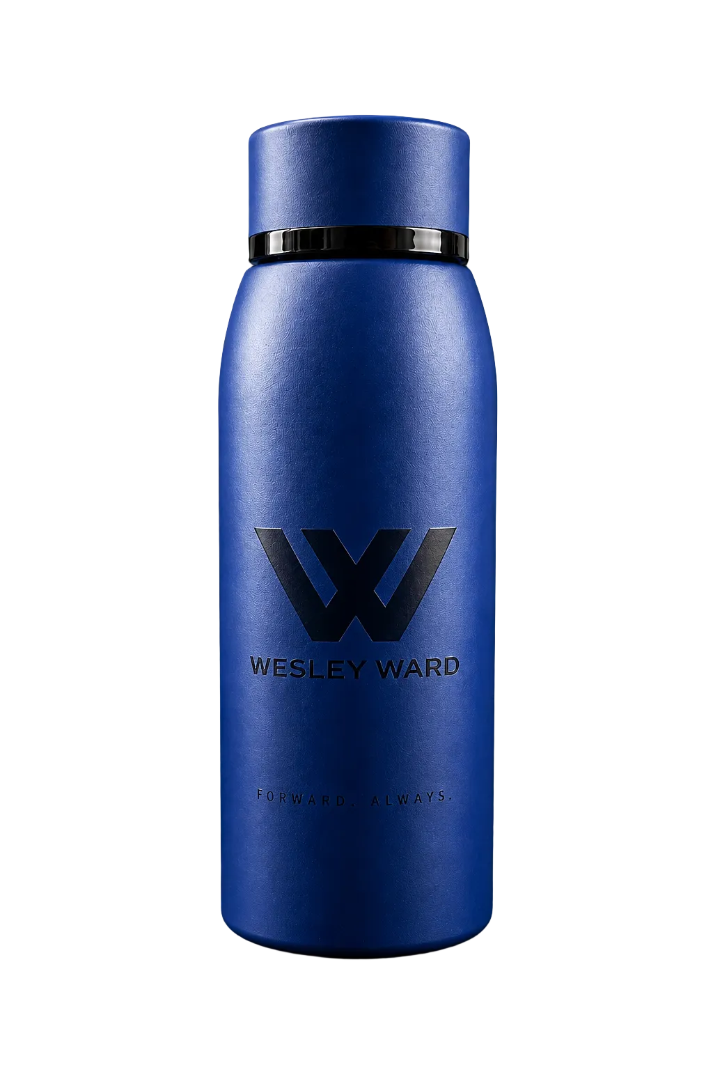 Blue water bottle with 'Wesley Ward' branding on a dark background